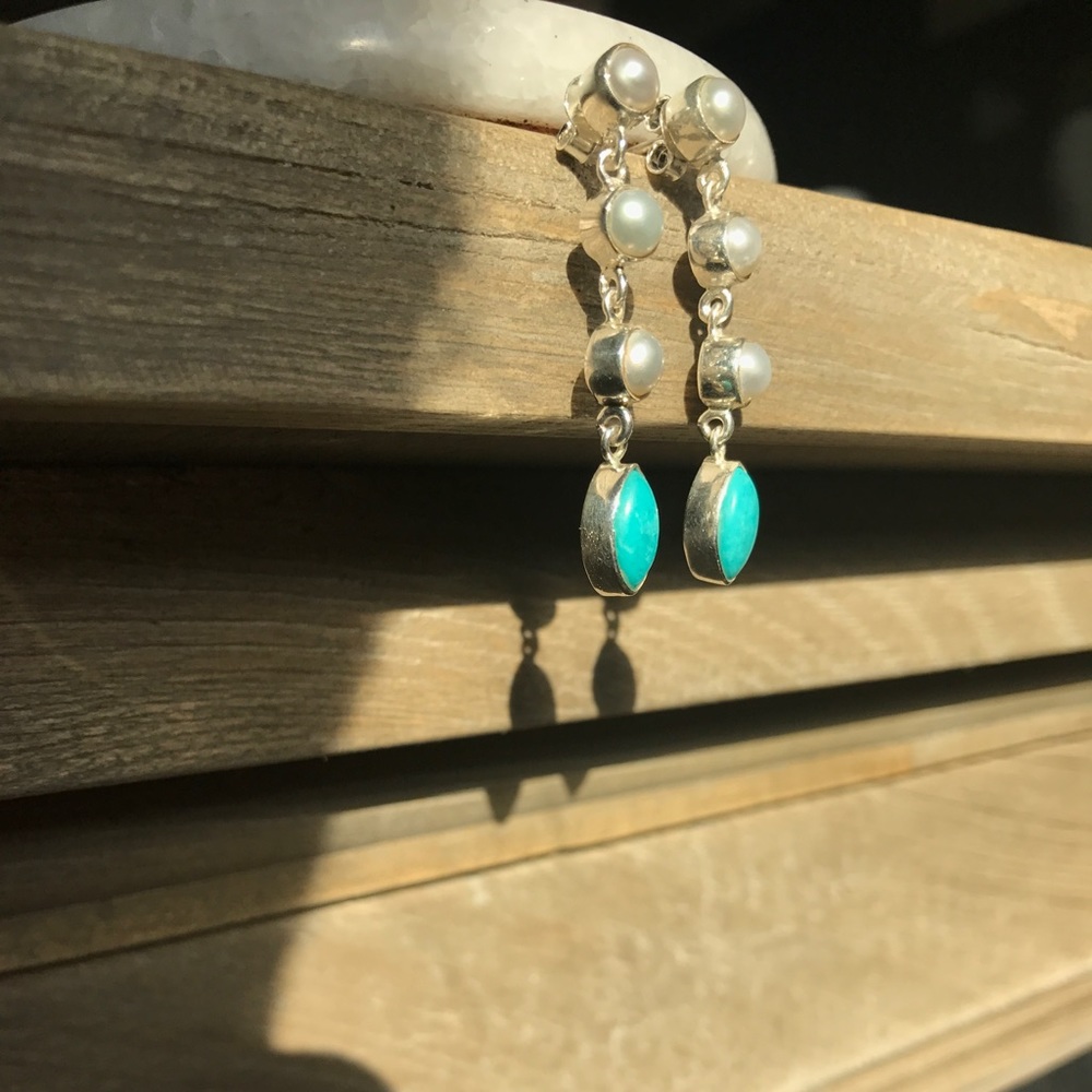 New Mexico 925 6mm Pearl & Turquoise Earrings